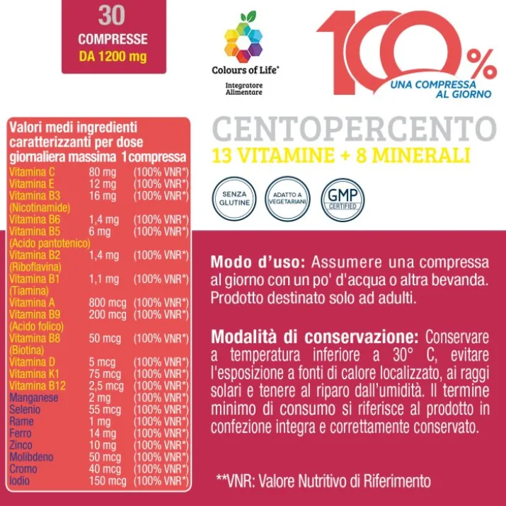 Centopercento 13 Vitamine + 8 Minerali Colours Of Life® Optima Naturals 30 Compresse